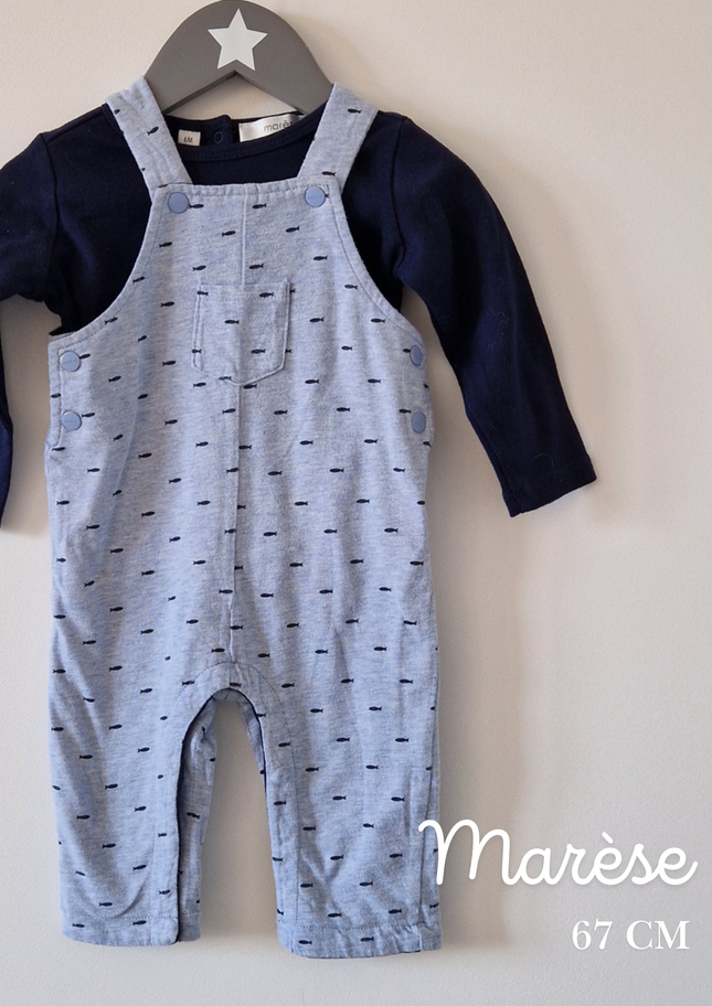 Ensemble Salopette+T-shirt ML Marèse bleu - 67 cm
