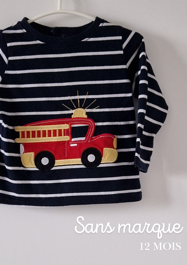 T-shirt ML bleu marine rayé 'Pompier' - 12 mois